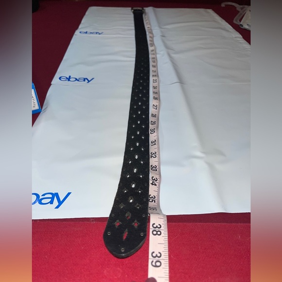 BASS Black LEATHER Cut Outs 1.5” Belt Silver SQUARE Buckle 39” Long medium boho - Picture 5 of 15